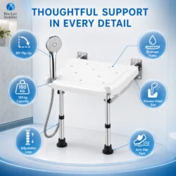 Shower seat features: 90 degree flip-up, drainage holes, 180kg capacity, shower head slot, adjustable legs, anti-slip feet