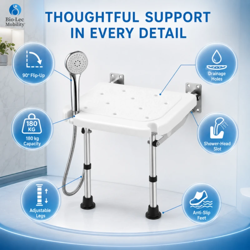 Shower seat features: 90 degree flip-up, drainage holes, 180kg capacity, shower head slot, adjustable legs, anti-slip feet