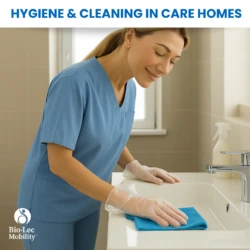 Care home worker wearing disposable gloves cleaning a bathroom sink