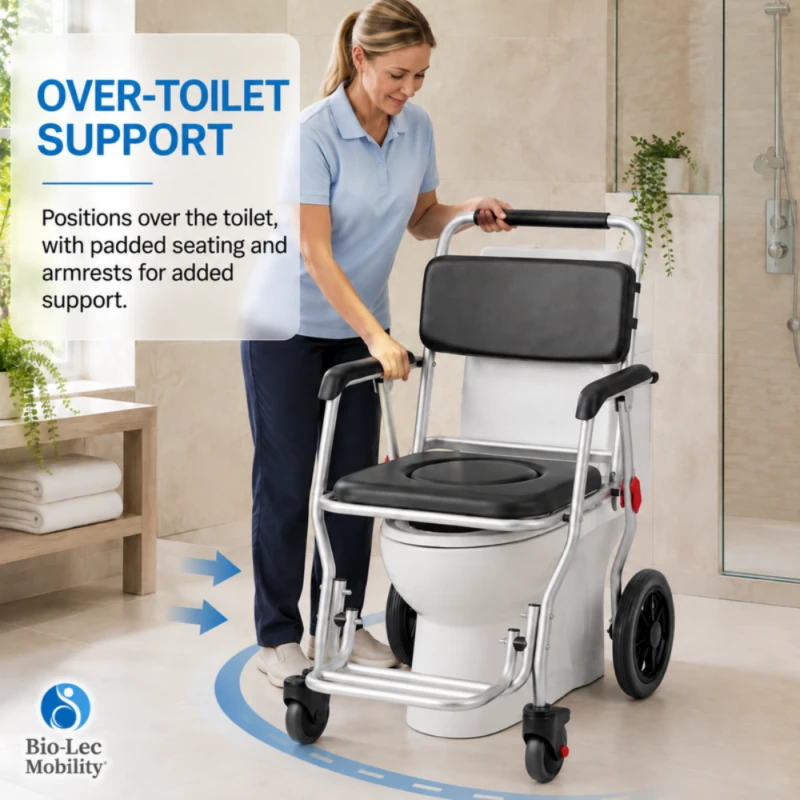 Carer positioning the commode wheelchair over a toilet for over-toilet support