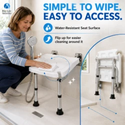 Woman wiping the water-resistant seat surface of the flip-up shower seat