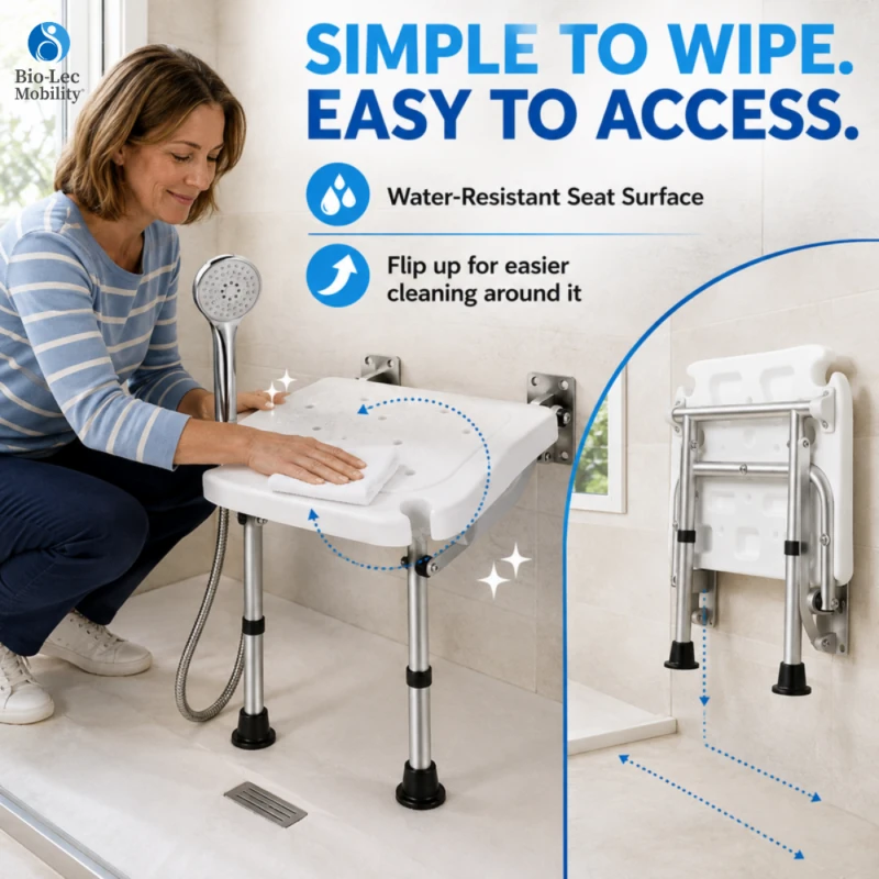 Woman wiping the water-resistant seat surface of the flip-up shower seat