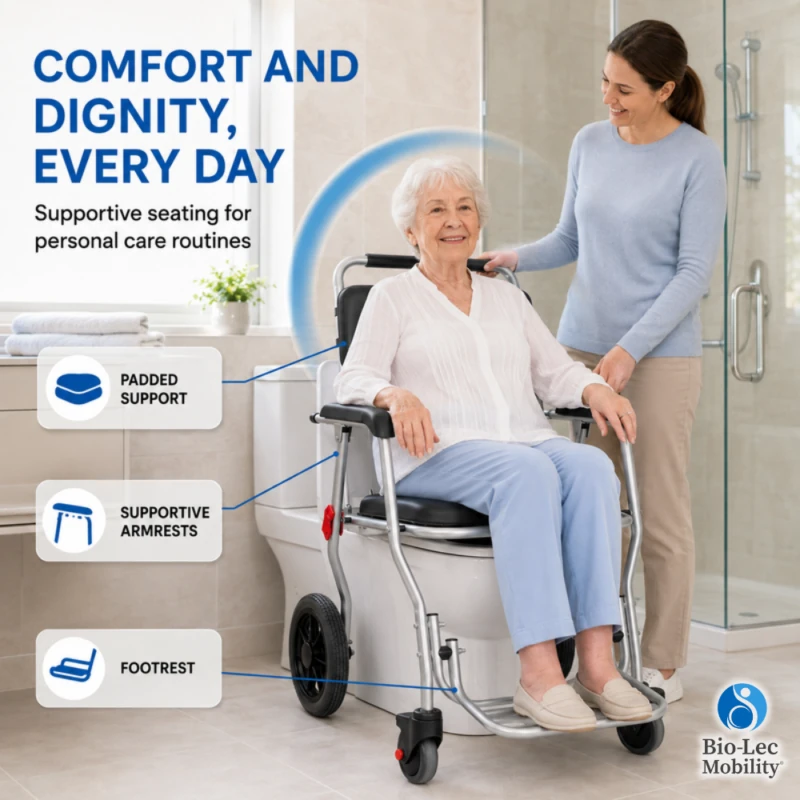 Elderly woman seated comfortably in the shower commode chair with padded support, armrests and footrest