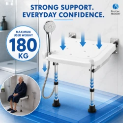Wall mounted shower seat with 180kg maximum user weight