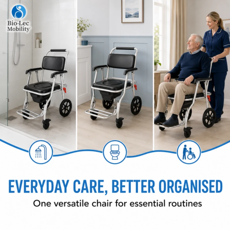 One versatile chair used for showering, toileting and caregiver-assisted transport
