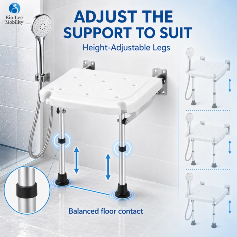 Height-adjustable legs on the shower seat for balanced floor contact