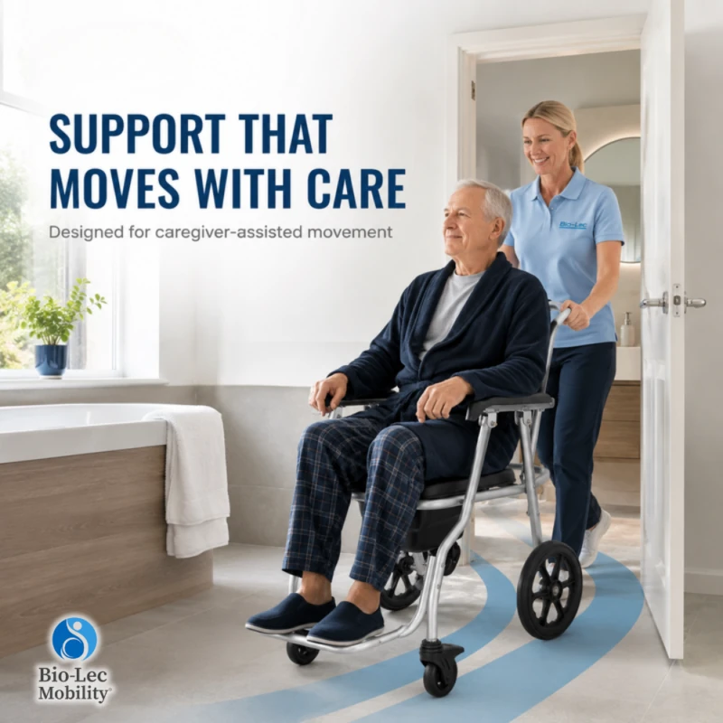 Carer pushing an elderly man in the attendant-propelled shower commode wheelchair