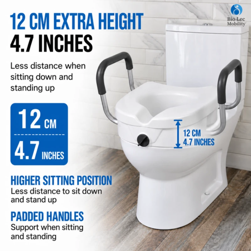 Raised toilet seat with padded handles adding 12 cm (4.7 inches) of extra height to a standard toilet