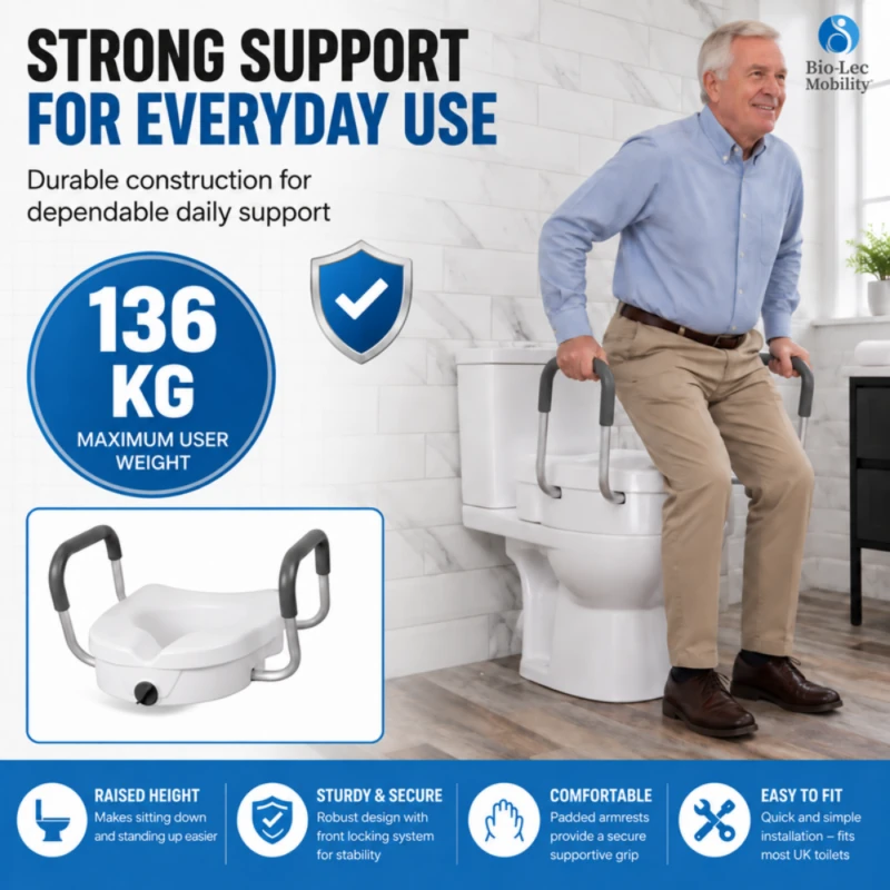 Older man using the toilet raiser handles to stand, with 136 kg maximum user weight