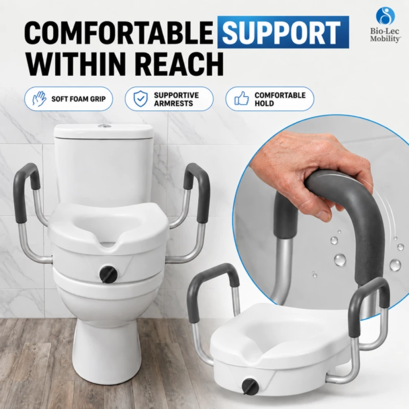 Hand gripping the soft foam armrest of a raised toilet seat with supportive handles