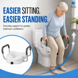 Older woman holding the padded handles to sit down on a raised toilet seat