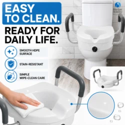 Hand wiping the smooth, stain-resistant HDPE surface of a raised toilet seat