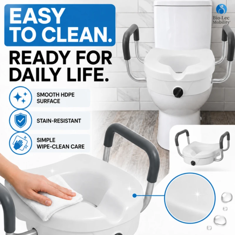 Hand wiping the smooth, stain-resistant HDPE surface of a raised toilet seat