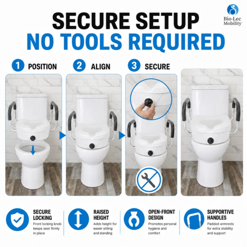 Three-step tool-free setup of the raised toilet seat: position, align and secure with the front locking knob