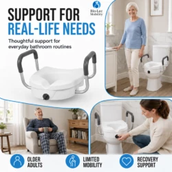 Toilet raiser with handles supporting older adults, people with limited mobility and those in recovery