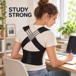 Posture corrector belt worn by a student while studying