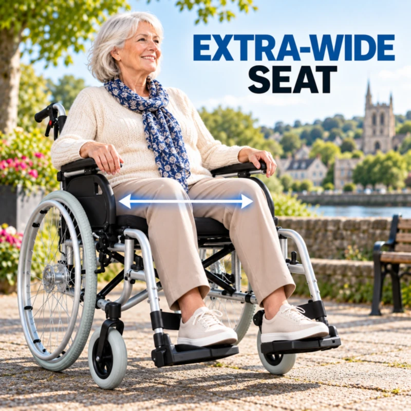 Barracuda extra-wide wheelchair seat with arrow showing seat width, user seated outdoors