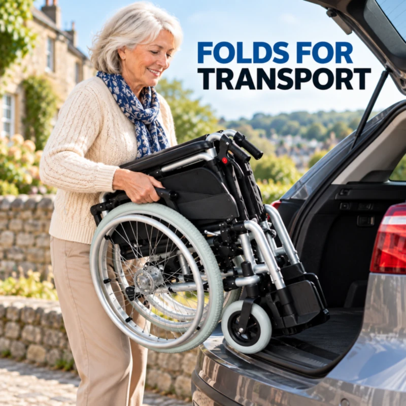 Woman lifting the folded Barracuda wheelchair into a car boot for transport