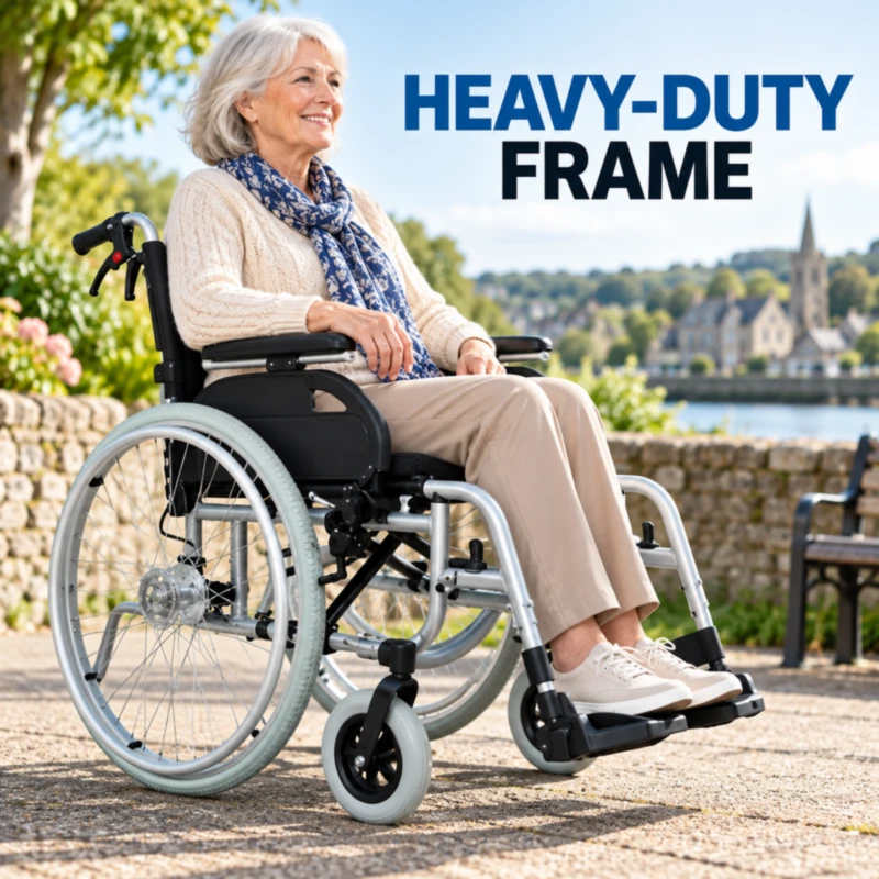Woman seated outdoors in the Barracuda heavy-duty manual wheelchair showing its reinforced aluminium frame
