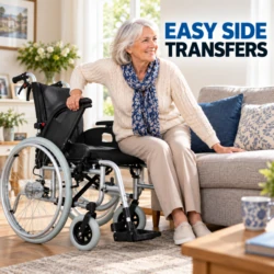Woman making an easy side transfer from the Barracuda wheelchair to a sofa