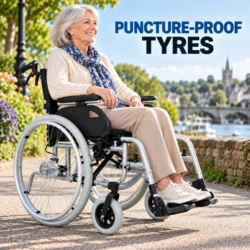 Barracuda wheelchair with solid puncture-proof tyres on an outdoor paved path