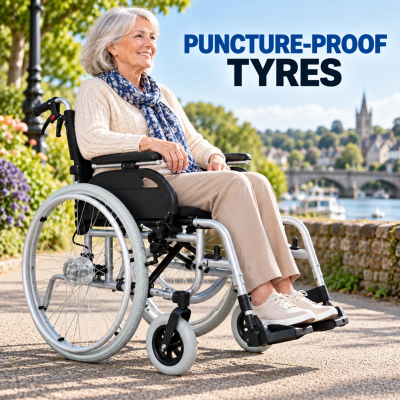 Barracuda wheelchair with solid puncture-proof tyres on an outdoor paved path