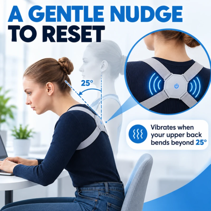 Posture corrector sensor vibrates when the upper back leans forward past 25 degrees
