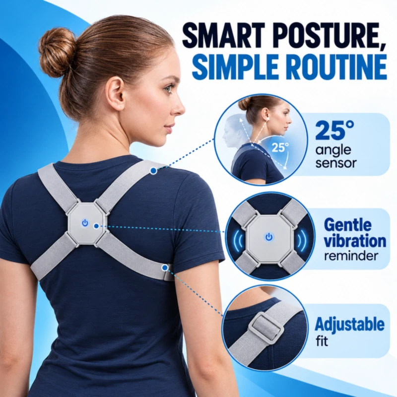 Smart posture corrector feature overview - 25 degree angle sensor, gentle vibration reminder and adjustable fit