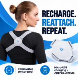 Rechargeable posture sensor pod with Micro-USB charging, up to 15 days per charge