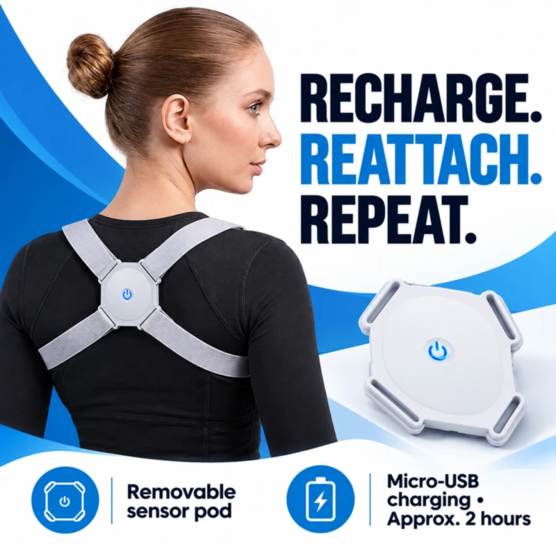Rechargeable posture sensor pod with Micro-USB charging, up to 15 days per charge
