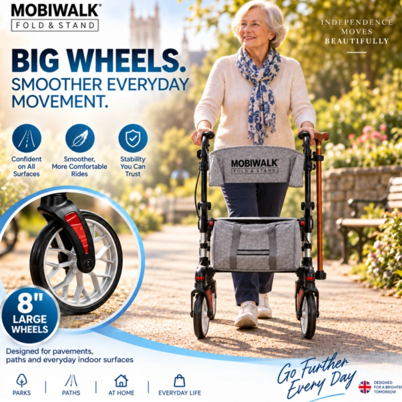 MobiWalk Fold & Stand rollator 8 inch large wheels for pavements, paths and indoor floors