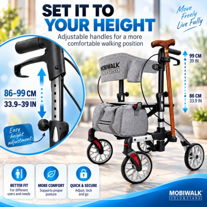 MobiWalk Fold & Stand rollator adjustable handle height from 86 to 99 cm