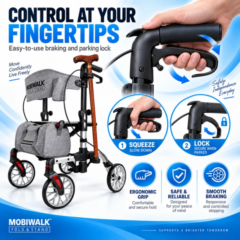 MobiWalk Fold & Stand rollator brakes: squeeze to slow down, push down to lock when parked