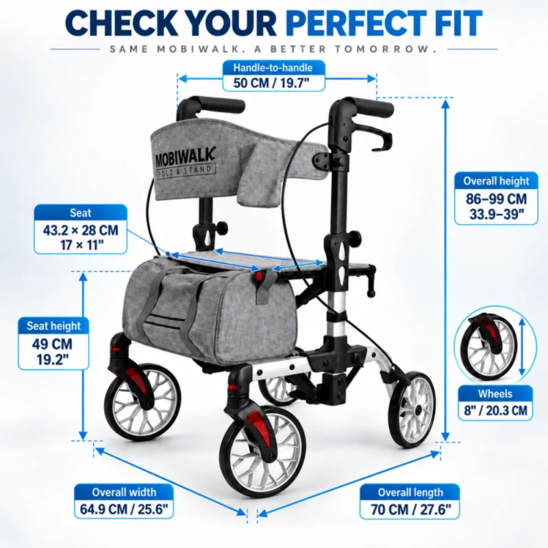 MobiWalk Fold & Stand rollator dimensions: 49 cm seat height, 86-99 cm handle height, 64.9 cm wide, 70 cm long, 8 inch wheels