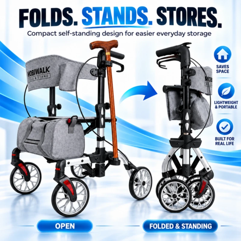 MobiWalk Fold & Stand rollator shown open and folded standing upright for compact storage