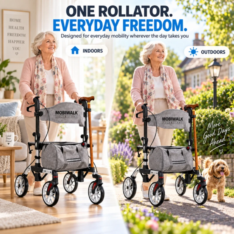 Woman using the MobiWalk Fold & Stand rollator indoors at home and outdoors in the garden