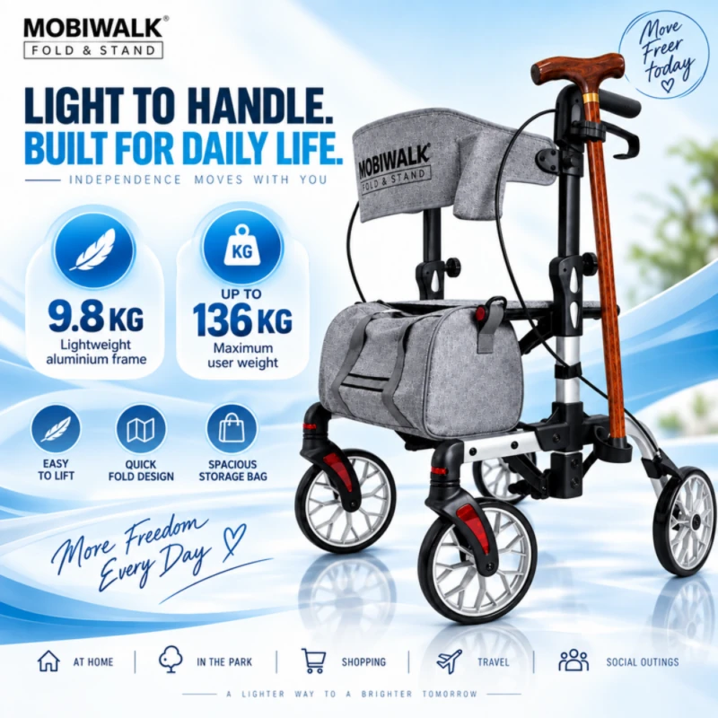 MobiWalk Fold & Stand lightweight 9.8 kg aluminium rollator supporting up to 136 kg