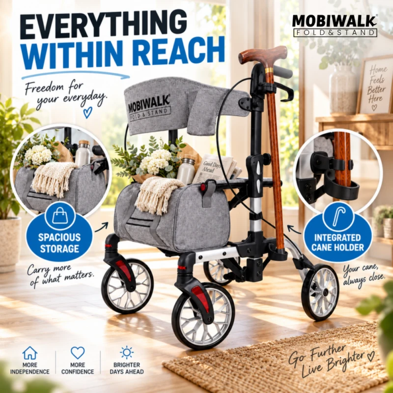 MobiWalk Fold & Stand rollator spacious storage bag and integrated cane holder