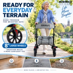 Woman walking with MobiWalk SIT-RIGHT rollator outdoors, 8-inch wheels for indoor floors, pavements and park paths.