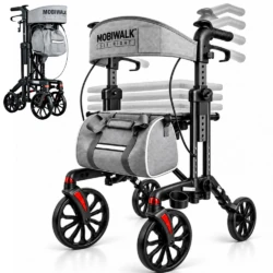MobiWalk® SIT-RIGHT Rollator Walker with Adjustable Seat & Handles | Indoor & Outdoor Rollator | Extra Wide Padded Backrest | 8” Wheels with Brakes & Parking Lock