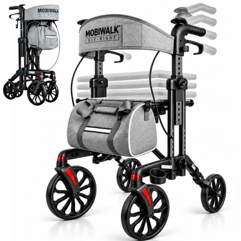 MobiWalk SIT-RIGHT rollator showing height-adjustable seat and handles, plus folded view.