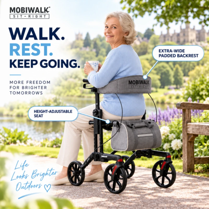 Woman resting on MobiWalk SIT-RIGHT rollator with extra-wide padded backrest and height-adjustable seat.