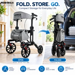 MobiWalk SIT-RIGHT rollator open and folded for compact storage and car transport.