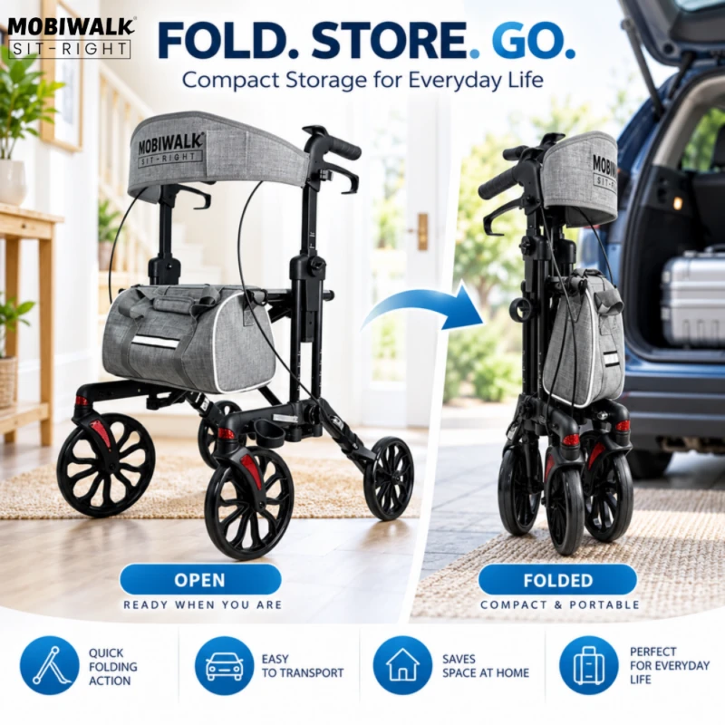 MobiWalk SIT-RIGHT rollator open and folded for compact storage and car transport.