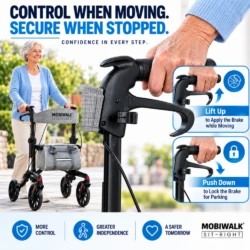 MobiWalk SIT-RIGHT hand brakes: lift up to slow while moving, push down to lock for parking.