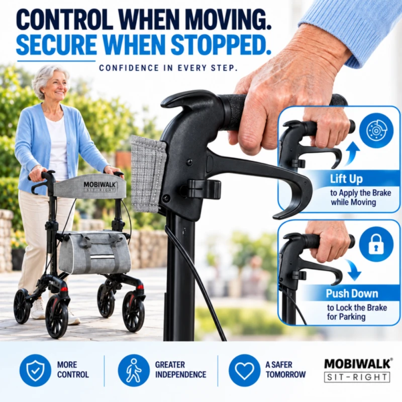 MobiWalk SIT-RIGHT hand brakes: lift up to slow while moving, push down to lock for parking.