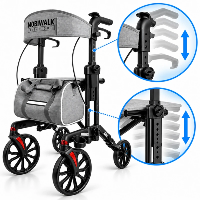 Close-up of MobiWalk SIT-RIGHT height-adjustable handles and seat.