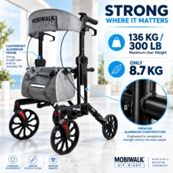 MobiWalk SIT-RIGHT lightweight aluminium frame, 136 kg / 300 lb maximum user weight, only 8.7 kg.