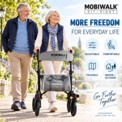 Couple walking outdoors with MobiWalk SIT-RIGHT rollator: adjustable, comfortable, foldable, indoor and outdoor.