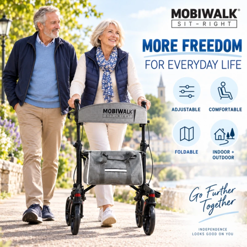 Couple walking outdoors with MobiWalk SIT-RIGHT rollator: adjustable, comfortable, foldable, indoor and outdoor.